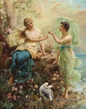 filles florales avec un oiseau Hans Zatzka belle dame femme Peinture à l'huile